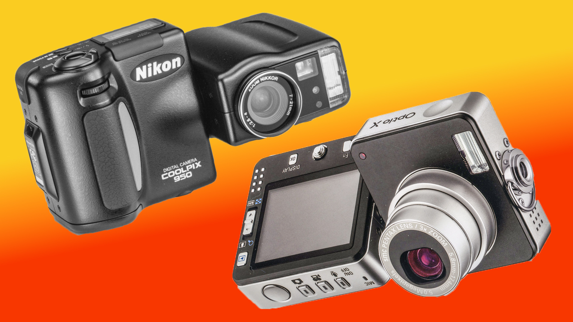 Pentax Optio X and Nikon Coolpix digital compact cameras on a red and yellow background