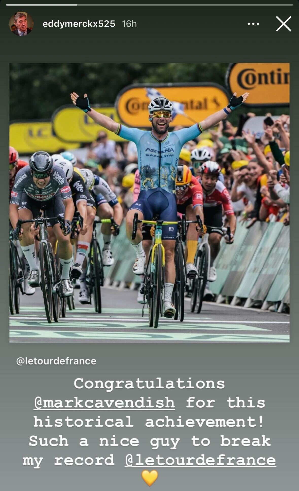 Eddy Merckx congratulates Mark Cavendish on Instagram