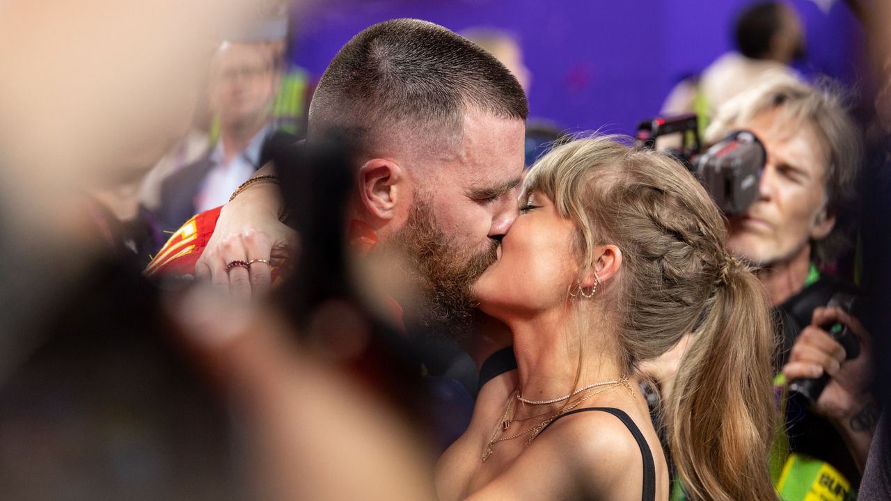 Travis Kelce #87 of the Kansas City Chiefs celebrates and kisses Singer Taylor Swift following the NFL Super Bowl 58 football game between the San Francisco 49ers and the Kansas City Chiefs at Allegiant Stadium on February 11, 2024 in Las Vegas, Nevada.