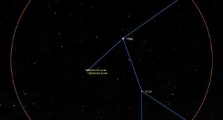 June 2024 night sky map showing the locations of Epsilon Lyrae, which is located just a finger's width to the lower left (or one degree to the celestial east) of the very bright star Vega.