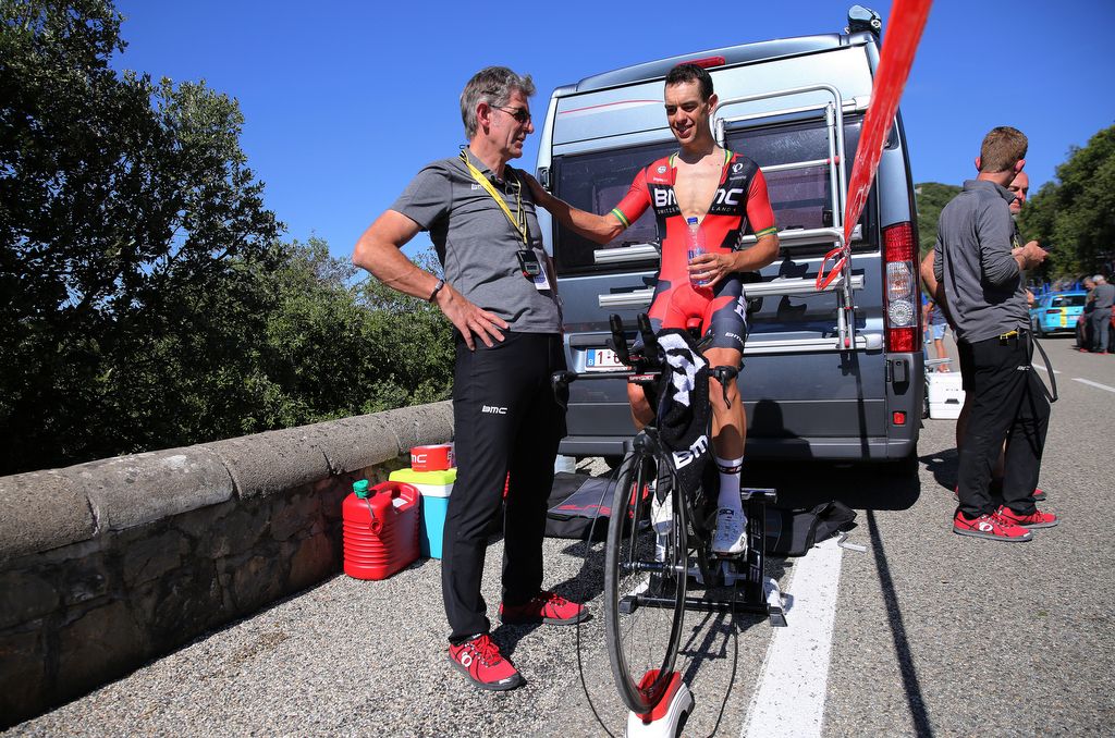 Richie Porte (BMC) warms down and chats with DS Valerio Piva