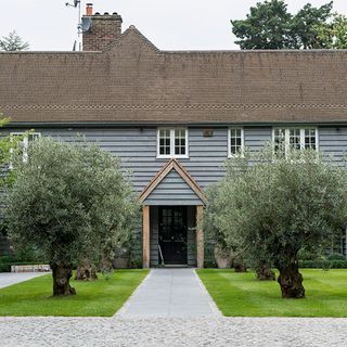 house exterior with grey panel wall roof top and trees on grass