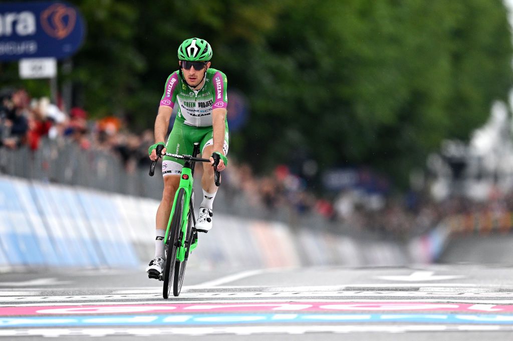 RIVOLI ITALY MAY 18 Alessandro Tonelli of Italy and Team Green ProjectBardiani CSFFaizan crosses the finish line during the 106th Giro dItalia 2023 Stage 12 a 185km stage from Bra to Rivoli UCIWT on May 18 2023 in Rivoli Italy Photo by Stuart FranklinGetty Images