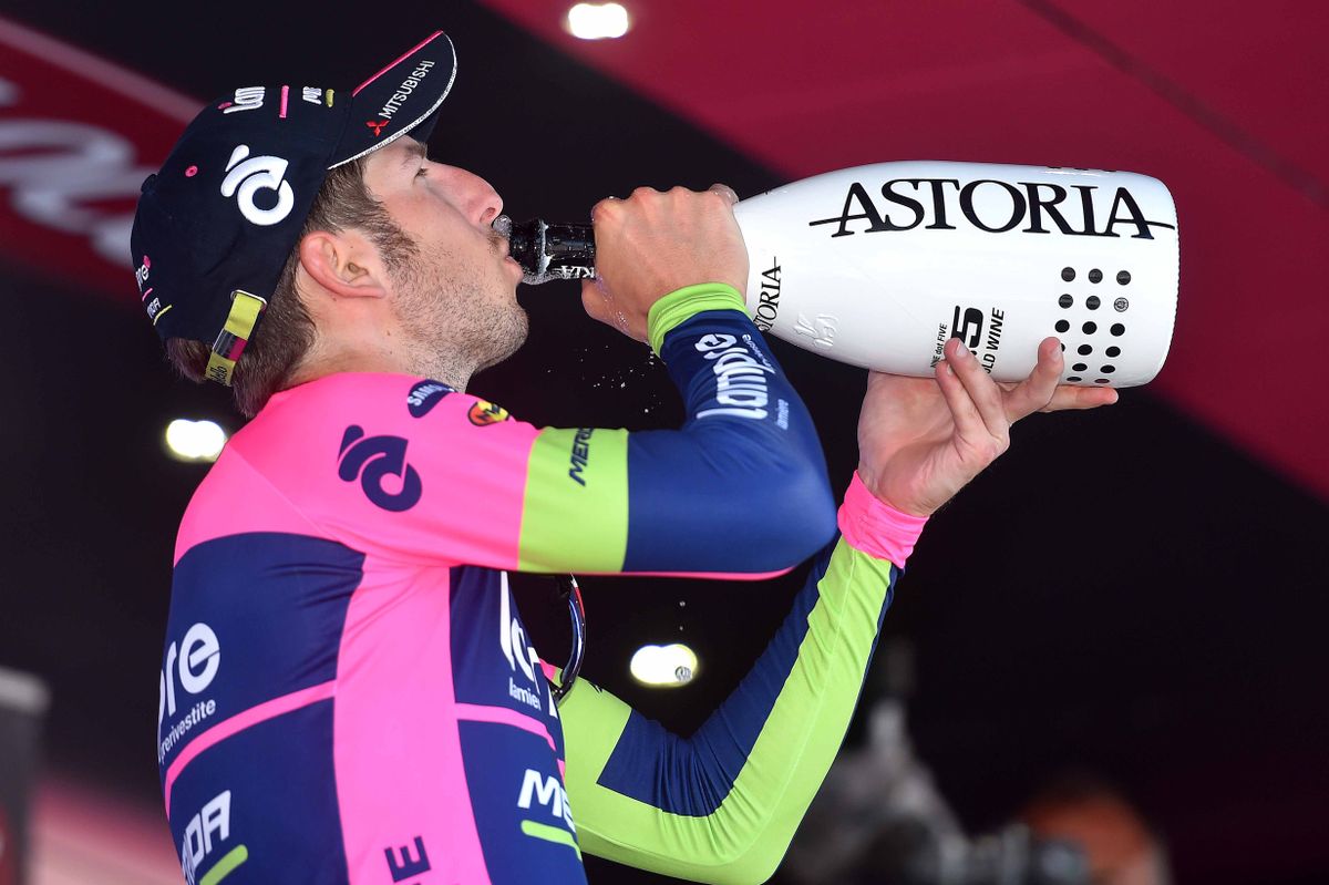 Sacha Modolo (Lampre-Merida) drinks in victory