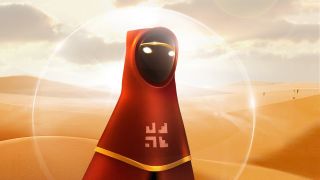 Journey - a hooded character stand sin the desert