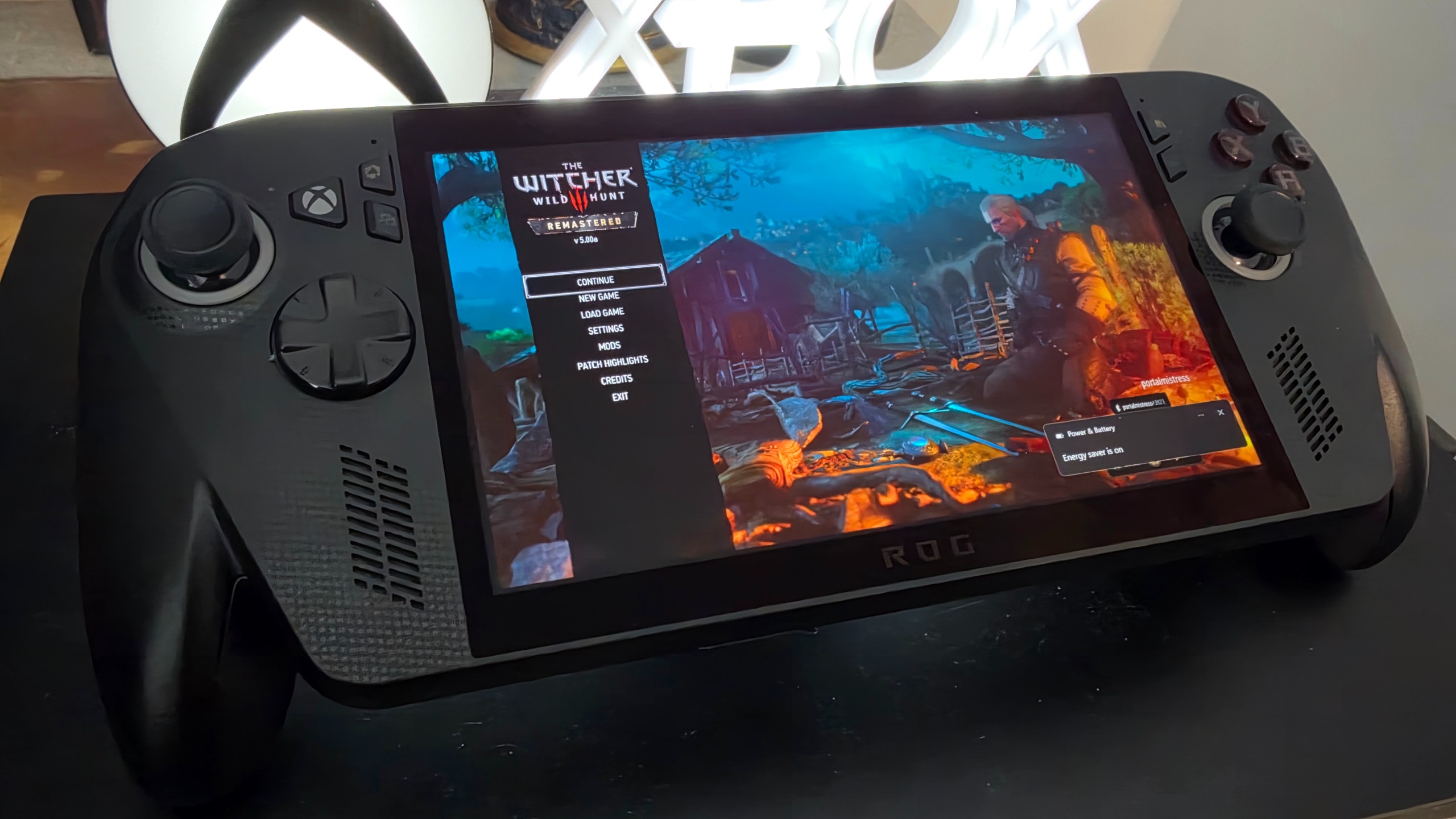 Xbox Rog Ally X showing Witcher 3 Remaster loading screen