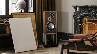 Leak 250 speaker on its mount, in a hi-fi listening room