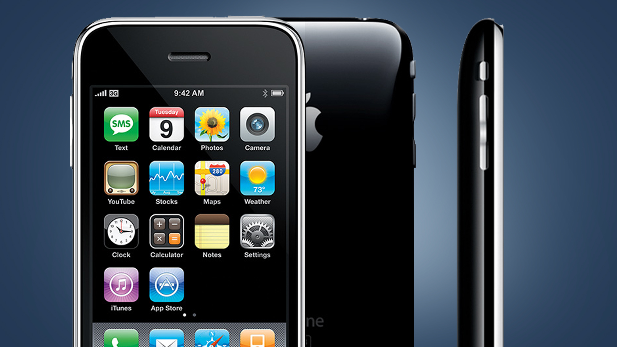 The front and side of the iPhone 3G on a blue background