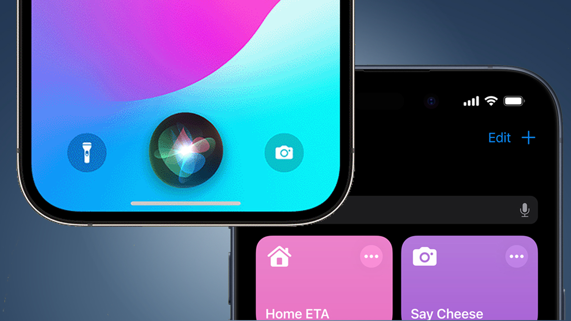 Två iPhones mot en blå bakgrund som visar Siri och Shortcuts.