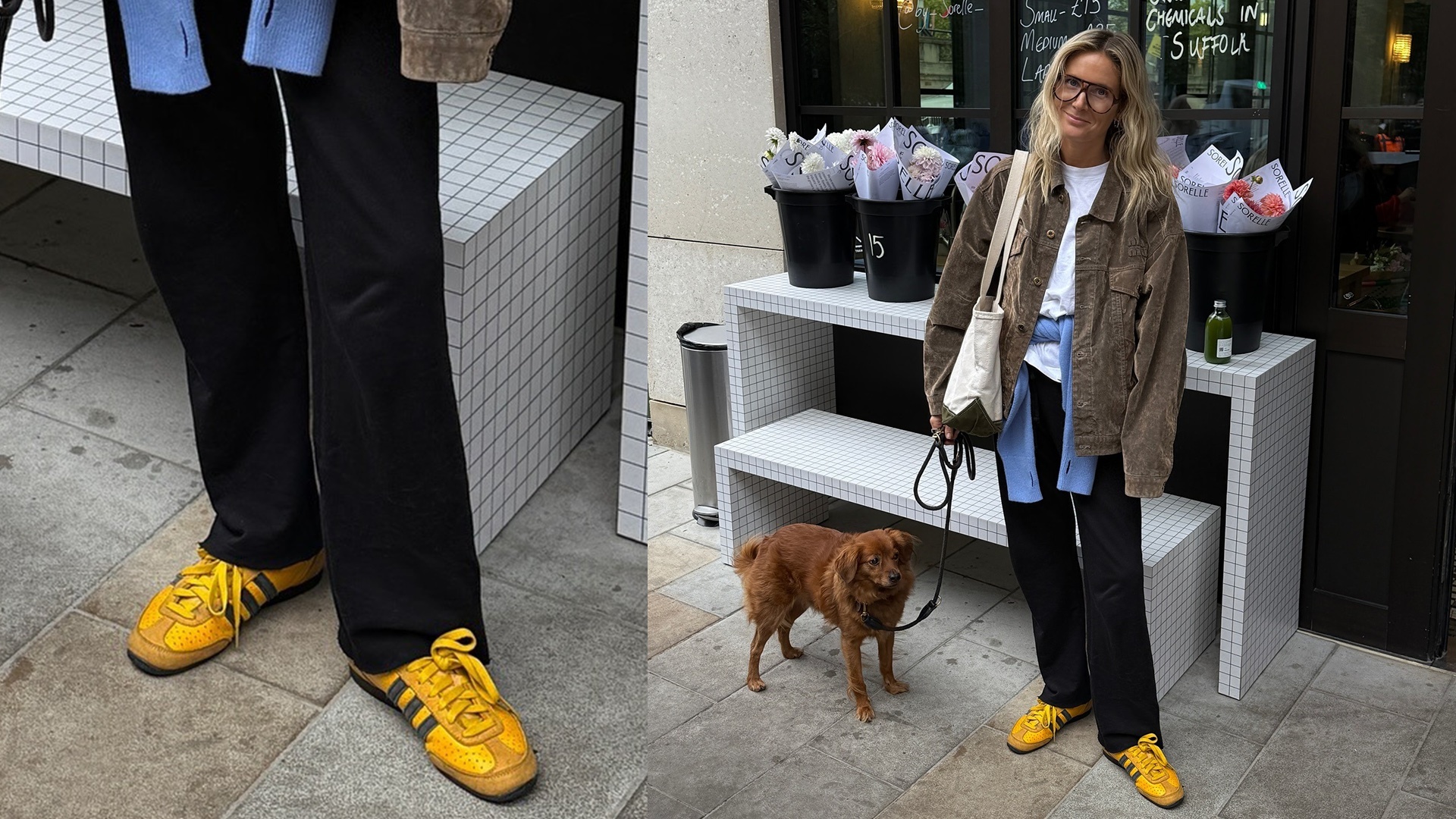 Lucy Williams in black-and-yellow Adidas sneakers, black pants, a white crewneck, and an oversized chore coat. 