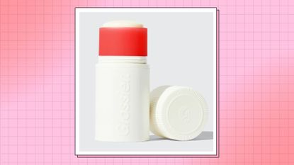 Glossier deodorant review: the Glossier deodorant in a pink and red template