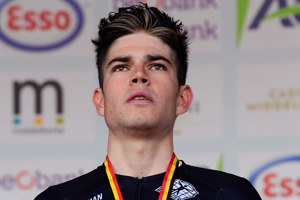 Wout van Aert on the podium after winning the Belgian time trial championship
