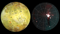 (Left) Io as seen by NASA's Galileo spacecraft on 3 July 1999 (Right) A massive volcanic hotspot observed by Juno in 2024