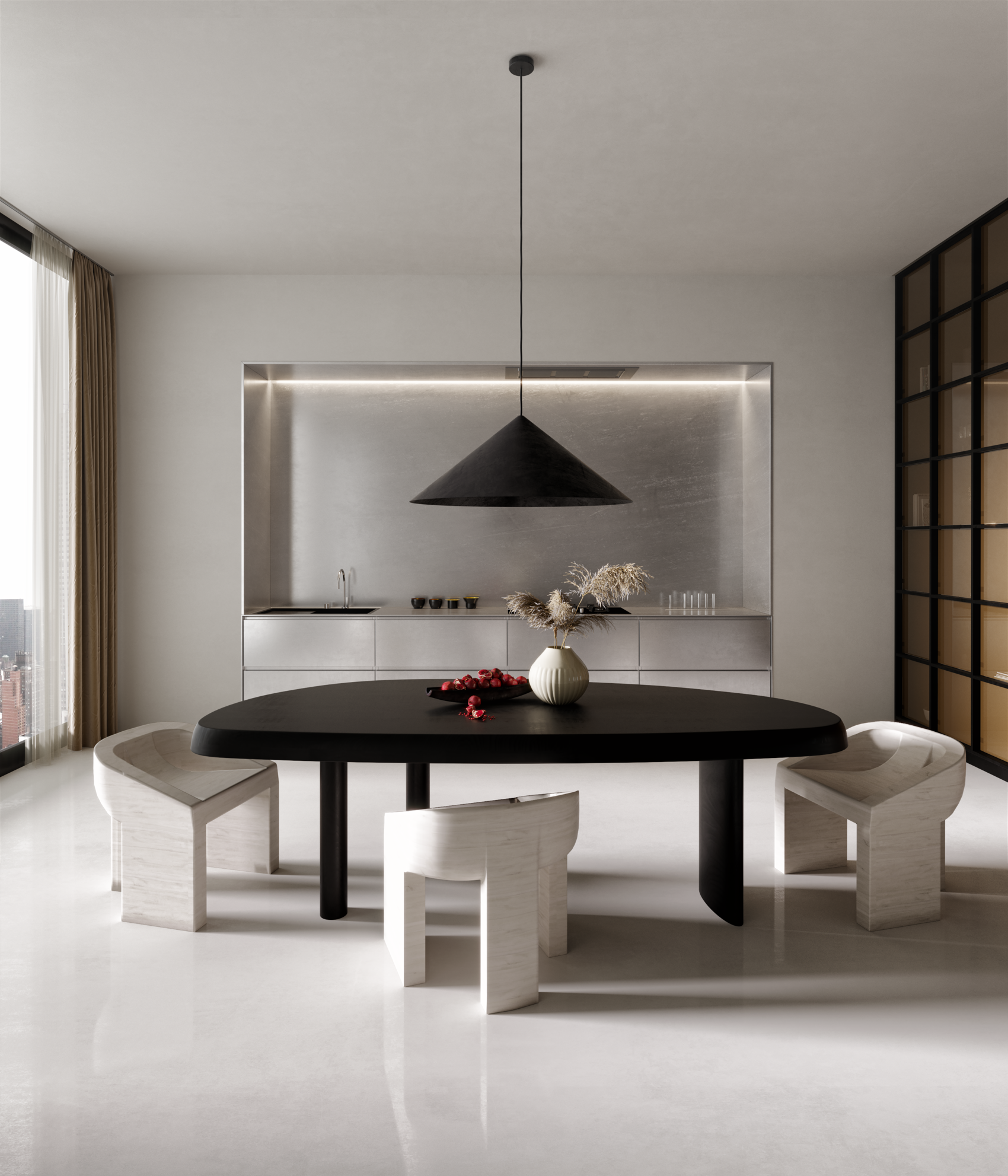 An all-white space with a small kitchen in a sleek design, built in