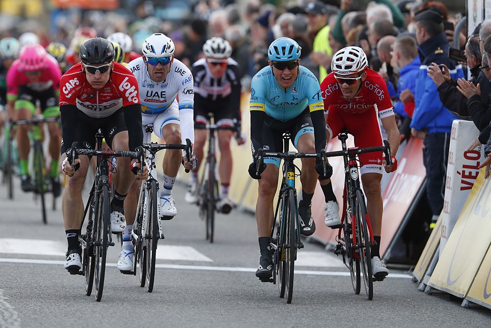 Andr&eacute; Greipel (Lotto Soudal) and Magnus Cort (Astana Pro Team) in the bunch sprint at stage 5 Paris-Nice