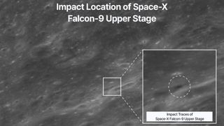 a photograph of a grey mottled surface on which a dark oval area is circled in white