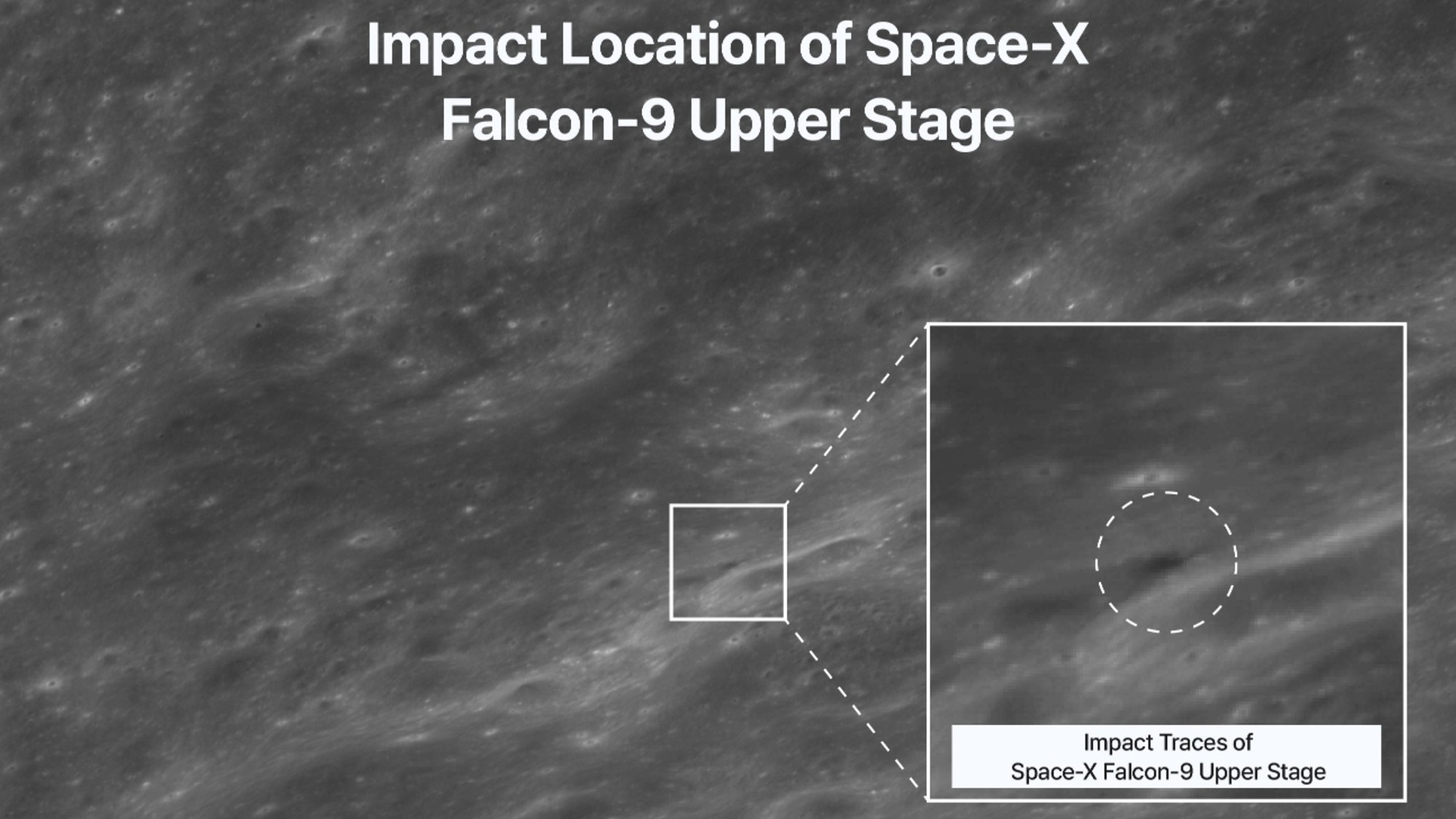 a photograph of a grey mottled surface on which a dark oval area is circled in white