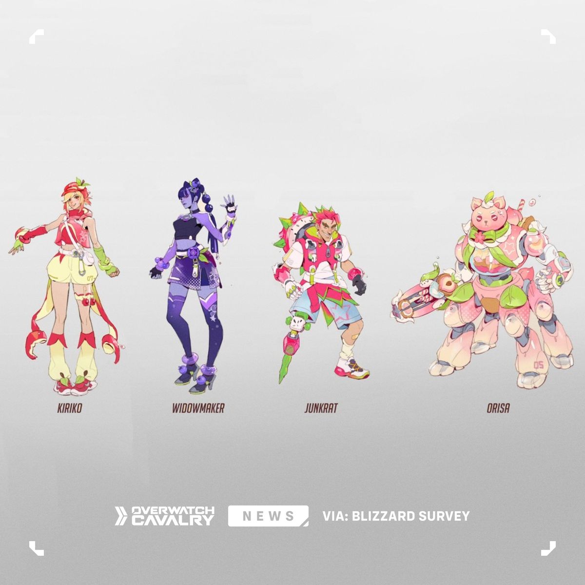 Overwatch survey skins: The Juice Bar concept theme, showing sketches of various potential skins.
