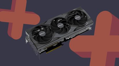 PNY GeForce RTX 5090 graphics card with orange and navy backdrop