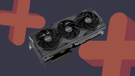 PNY GeForce RTX 5090 graphics card with orange and navy backdrop