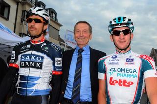 Fabian Cancellara (Saxo Bank) and Jurgen Van Den Broeck (Omega Phama-Loto) pose for a photo.