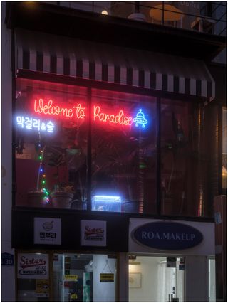 neon lighting spelling out 'Welcome to Paradise' in bar window at night