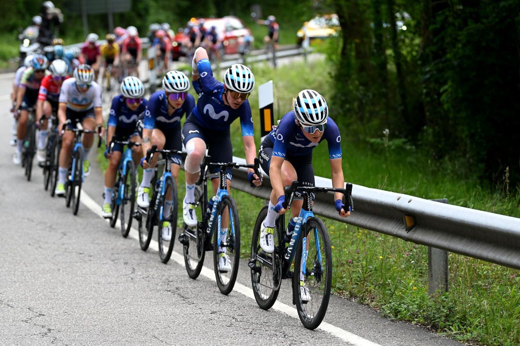 LAGOS DE COVADONGA SPAIN MAY 07 Floortje Mackaij of The Netherlands and Movistar Team leads the peloton during the 9th La Vuelta Femenina 2023 Stage 7 a 937km stage from Pola de Siero to Lagos de Covadonga 1079m UCIWWT on May 07 2023 in Lagos de Covadonga Spain Photo by Dario BelingheriGetty Images