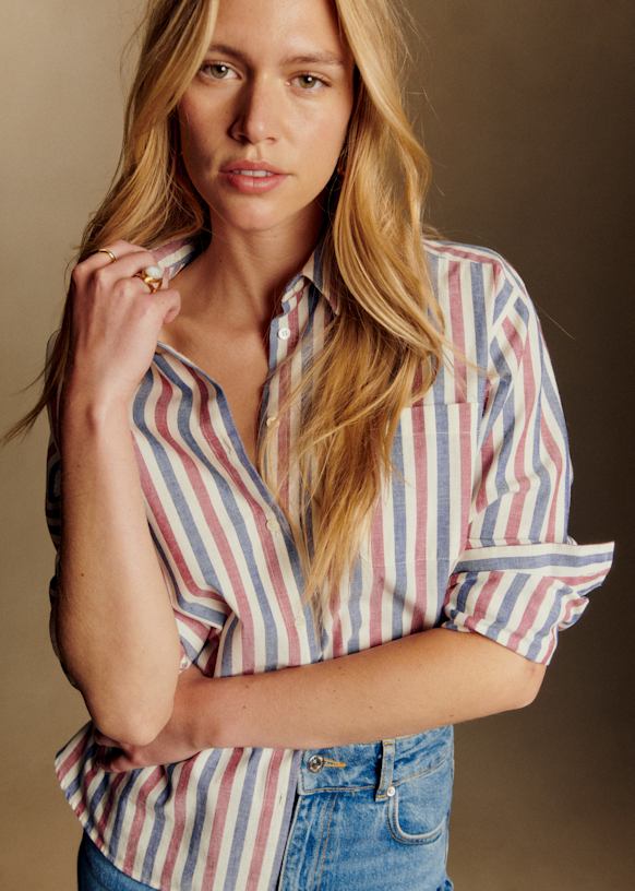Max Shirt - Blue Ecru Burgundy Stripes - Organic Cotton - S&amp;eacute;zane