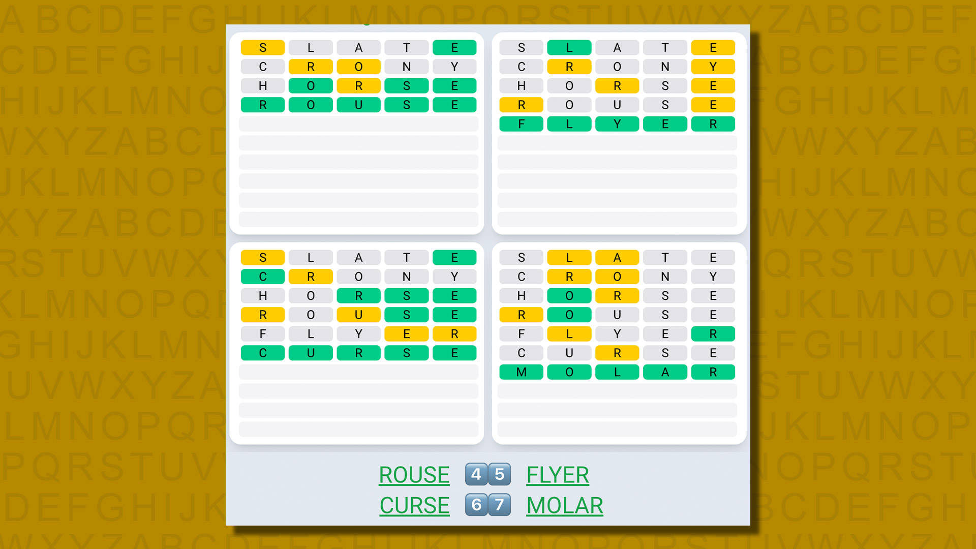 Quordle daily sequence answers for game 580 on a yellow background