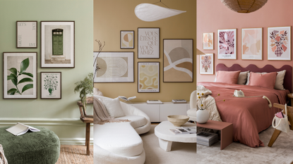 A collage of a green, neutral, and pink room with matching art prints