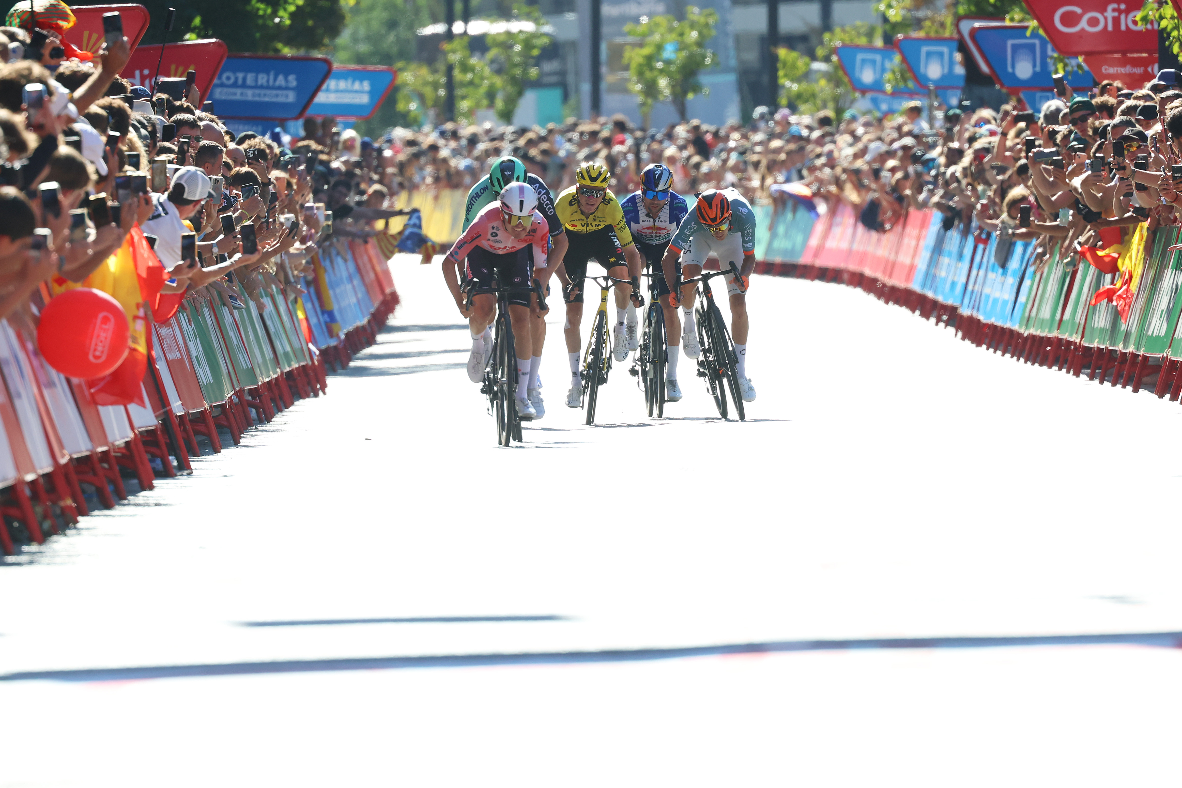 Jarno Widar leads the first chase group home in a sprint during stage 4 of the Vuelta a Espa&amp;ntilde;a 2026