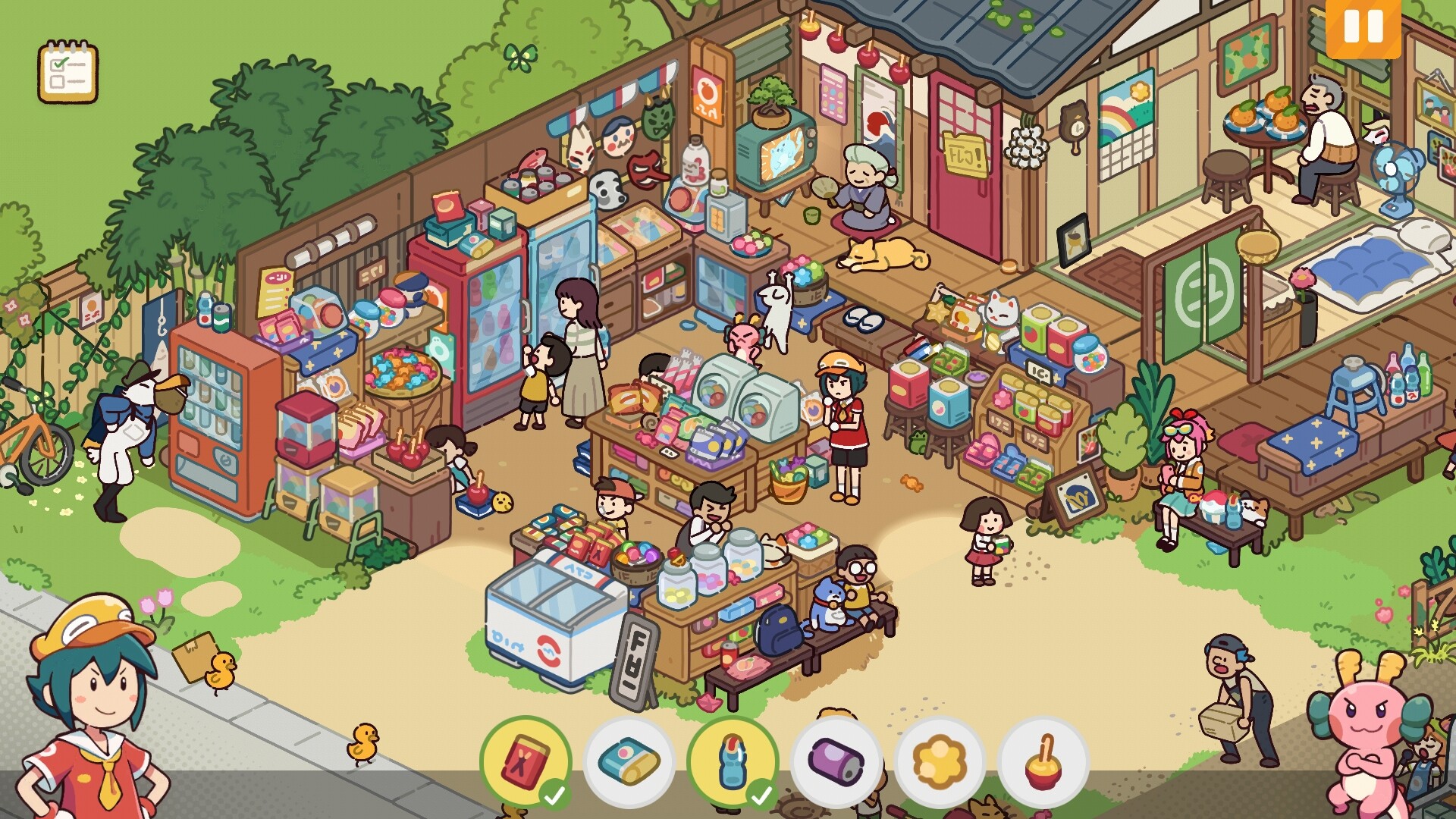 Lost and Found Inc screenshot showing a store full of various customers and items for sale, and protagonist Ducky who has to search for particular items alongside a small dragon