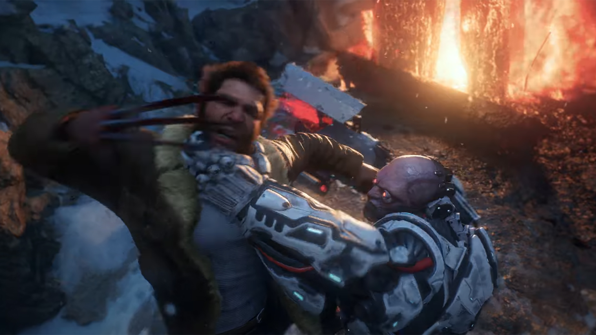 A massive cyborg with Wolverine in a chokehold