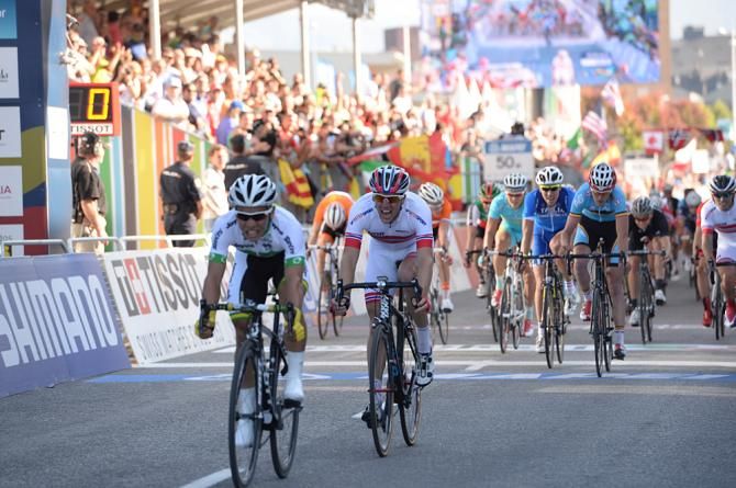 Australia's Caleb Ewan sprints for the silver medal ahead of Norway's Kristoffer Skjerping