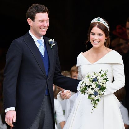 windsor, united kingdom october 12 embargoed for publication in uk newspapers until 24 hours after create date and time jack brooksbank and princess eugenie leave st georges chapel after their wedding ceremony on october 12, 2018 in windsor, england photo by poolmax mumbygetty images