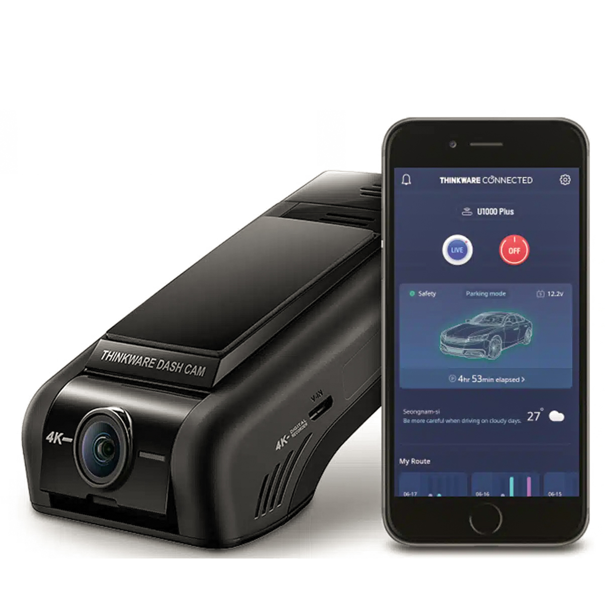 Thinkware U1000 Plus with mobile showing Thinkware Connected app
