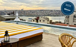 Rooftop pool with view of the city