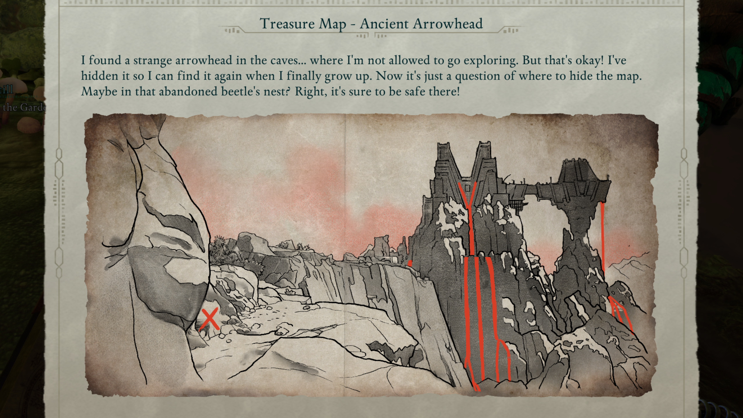 Avowed treasure maps - The clue page shows a painted map for the Ancient Arrowhead.