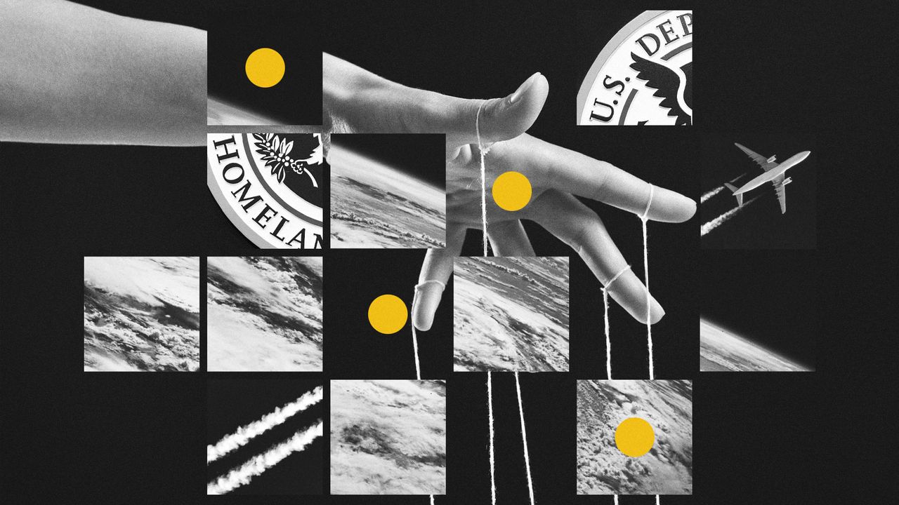 Composite illustration of a puppeteer hand, aircraft vapour trails, a hurricane viewed from space and the DHS logo