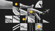 Composite illustration of a puppeteer hand, aircraft vapour trails, a hurricane viewed from space and the DHS logo