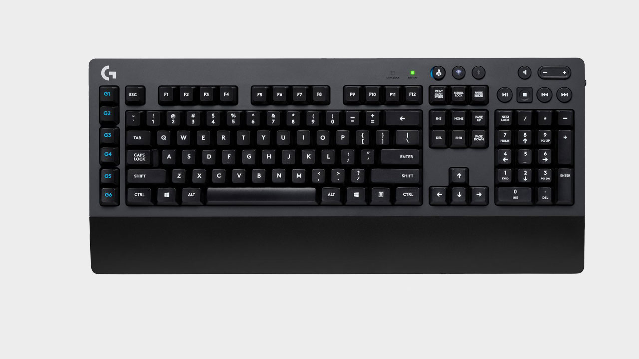 Logitech G613 keyboard top down on a grey background