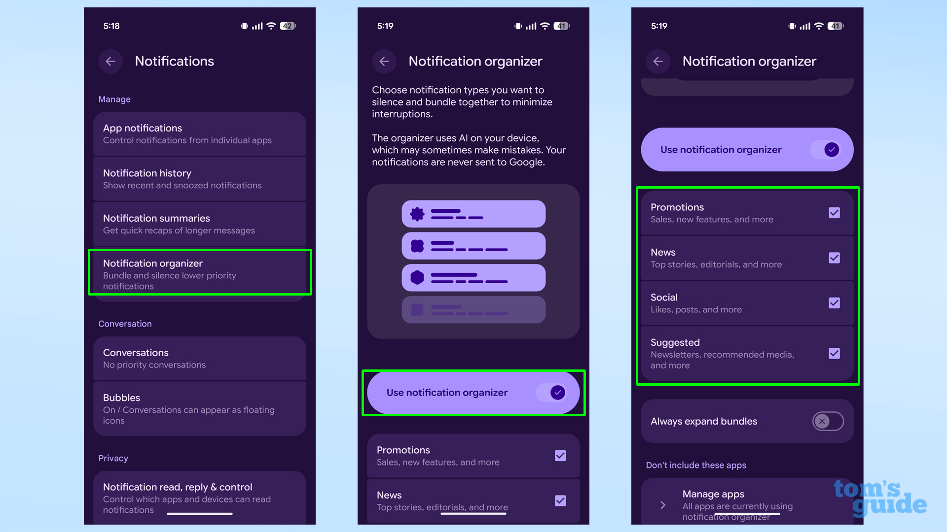 Pixel AI notification organization location and toggle