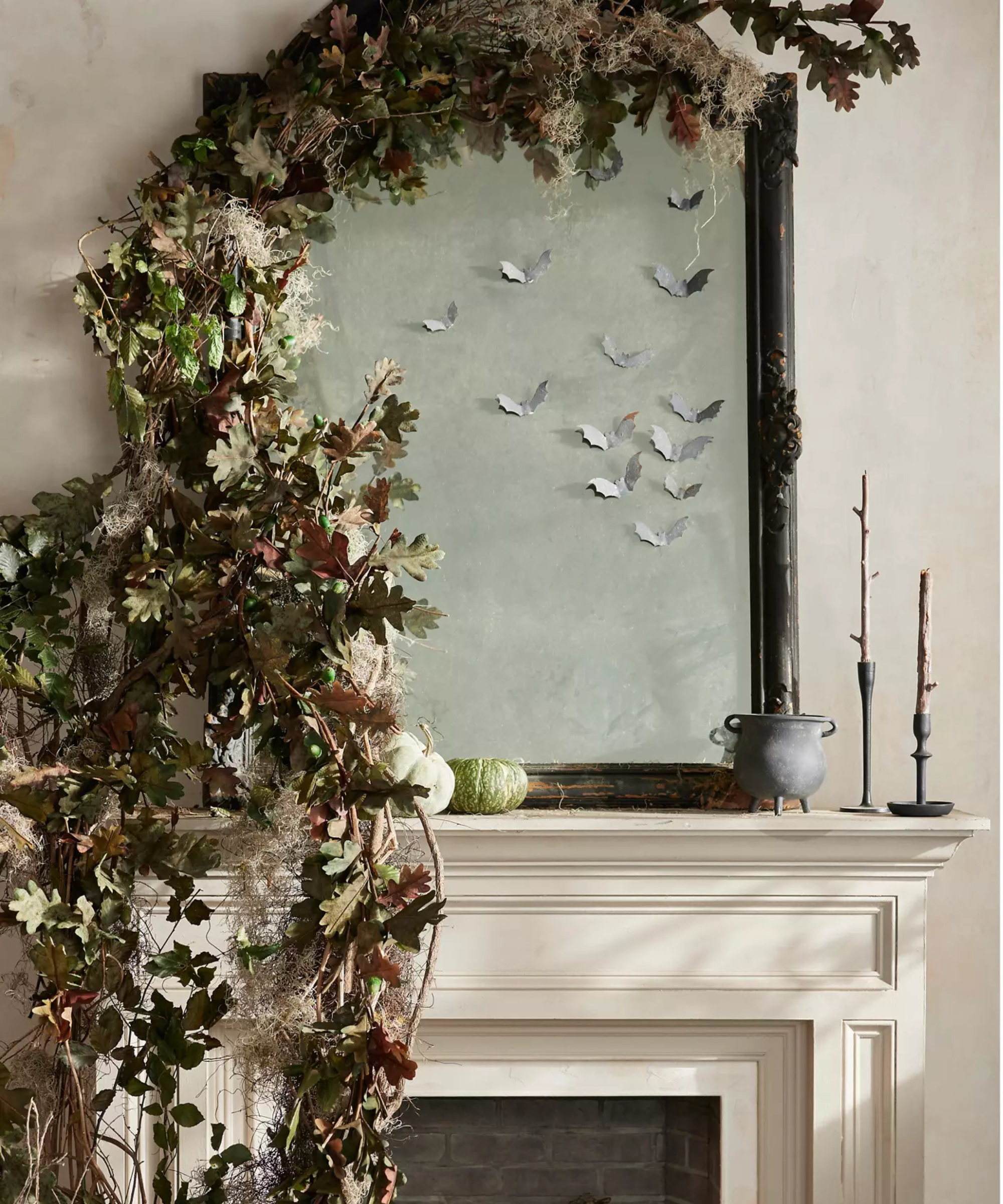 a mantel decorated for Halloween