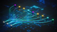 Software supply chain security concept image showing glowing data points all connected to three sources overlaid on a digital interface.