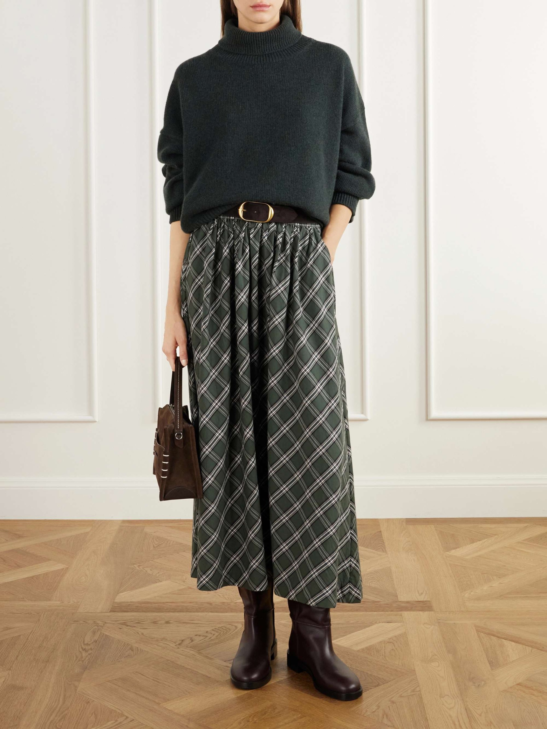 Dagny Gathered Checked Organic Cotton-Poplin Midi Skirt
