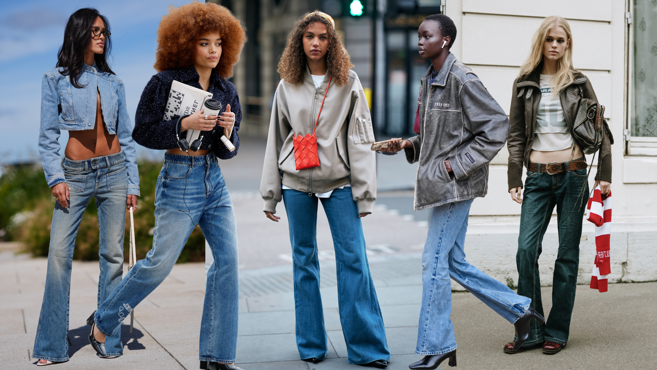 collage of women wearing flared jeans 