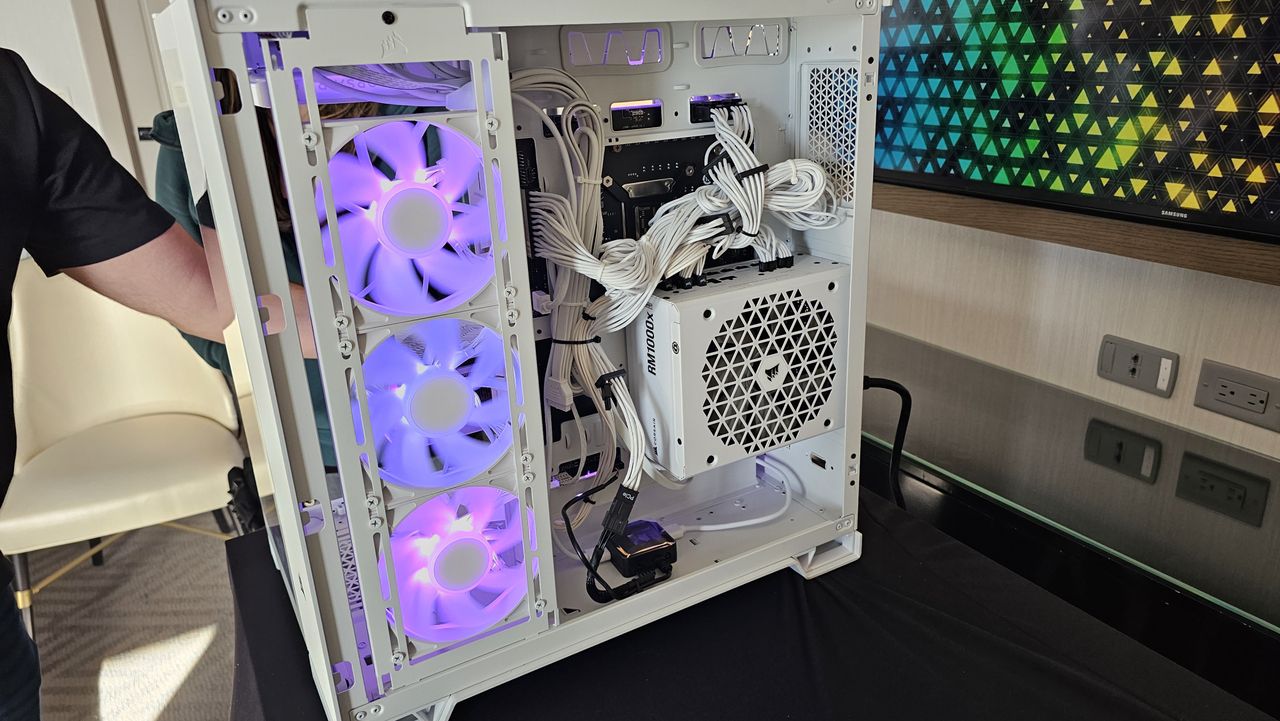White Corsair RX 120 fans on the rear side of the White, Mid Tower 6500X Case.