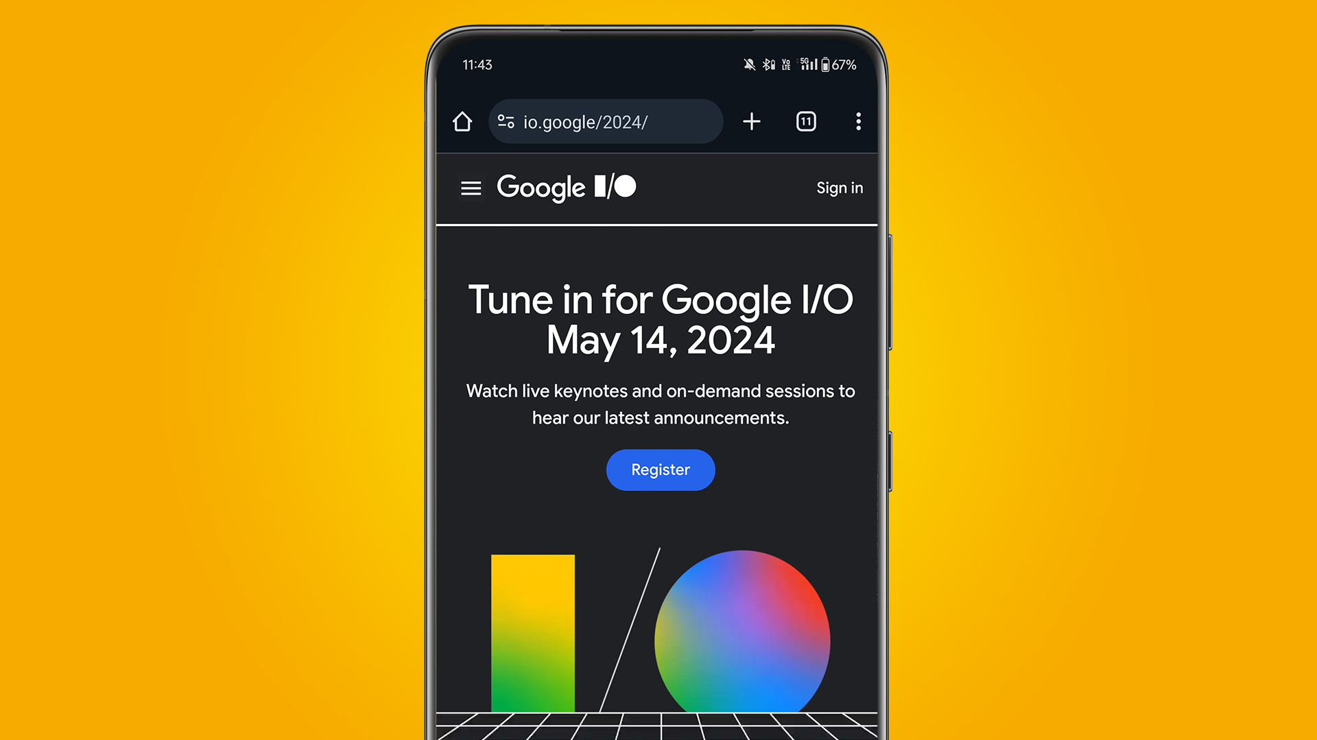 A phone on an orange background showing the Google IO 2024 homepage