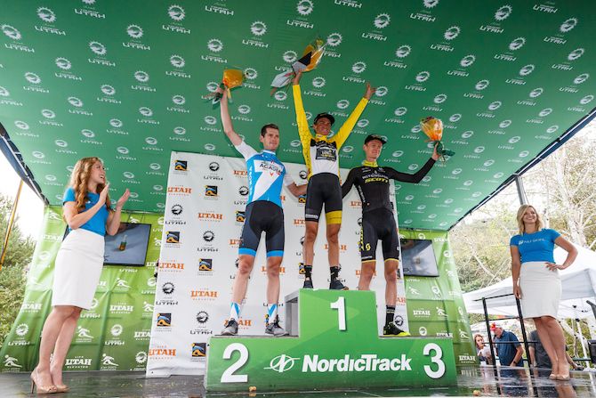 The overall top three on GC &ndash; Israel Cycling Academy's Ben Hermans in second place, overall winner Sepp Kuss (LottoNL-Jumbo) and third-placed Mitchelton-Scott's Jack Haig &ndash; at the conclusion of the 2018 Tour of Utah