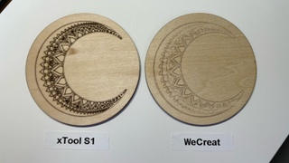 xTool S1 review; two engraved wooden designs side by side